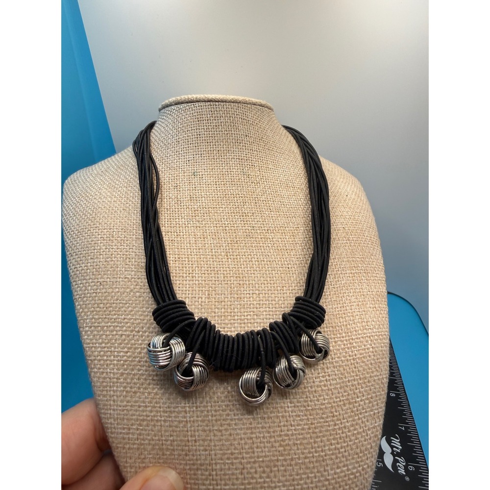 Black Multi Strand Cord Statement Necklace Silver Wire Knot Charm Magnetic Clasp